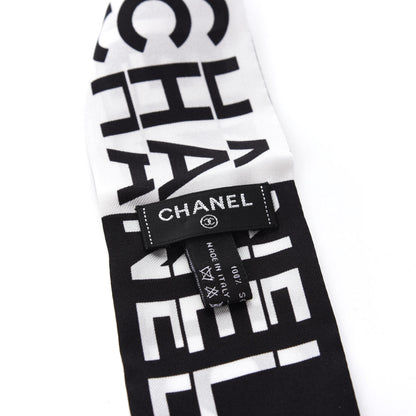 Chanel Silk Logo Slim Bandeau Scarf Black White 2 of 2