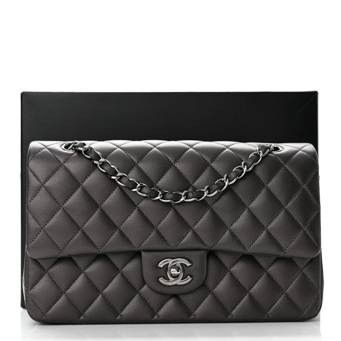 Metallic Lambskin Quilted Medium Double Flap Pewter