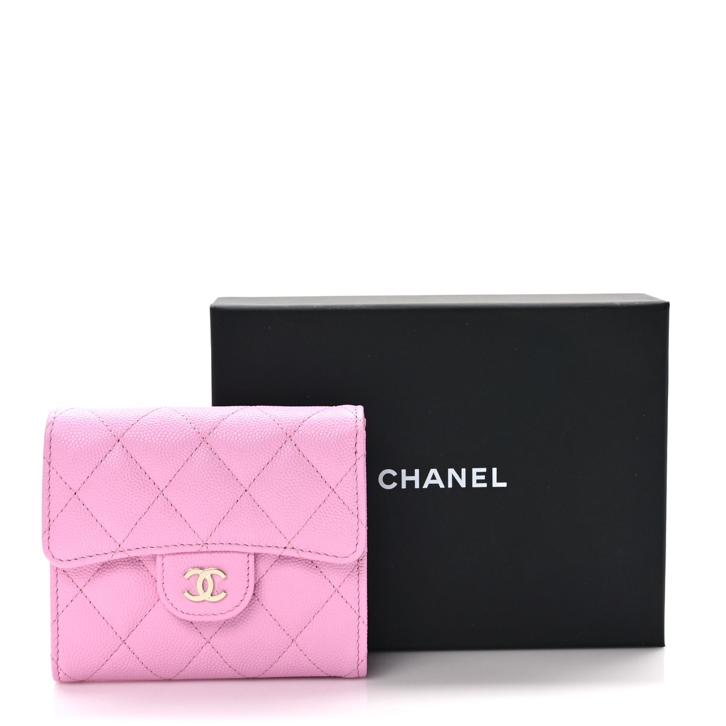 Caviar Quilted Compact Flap Wallet Pink