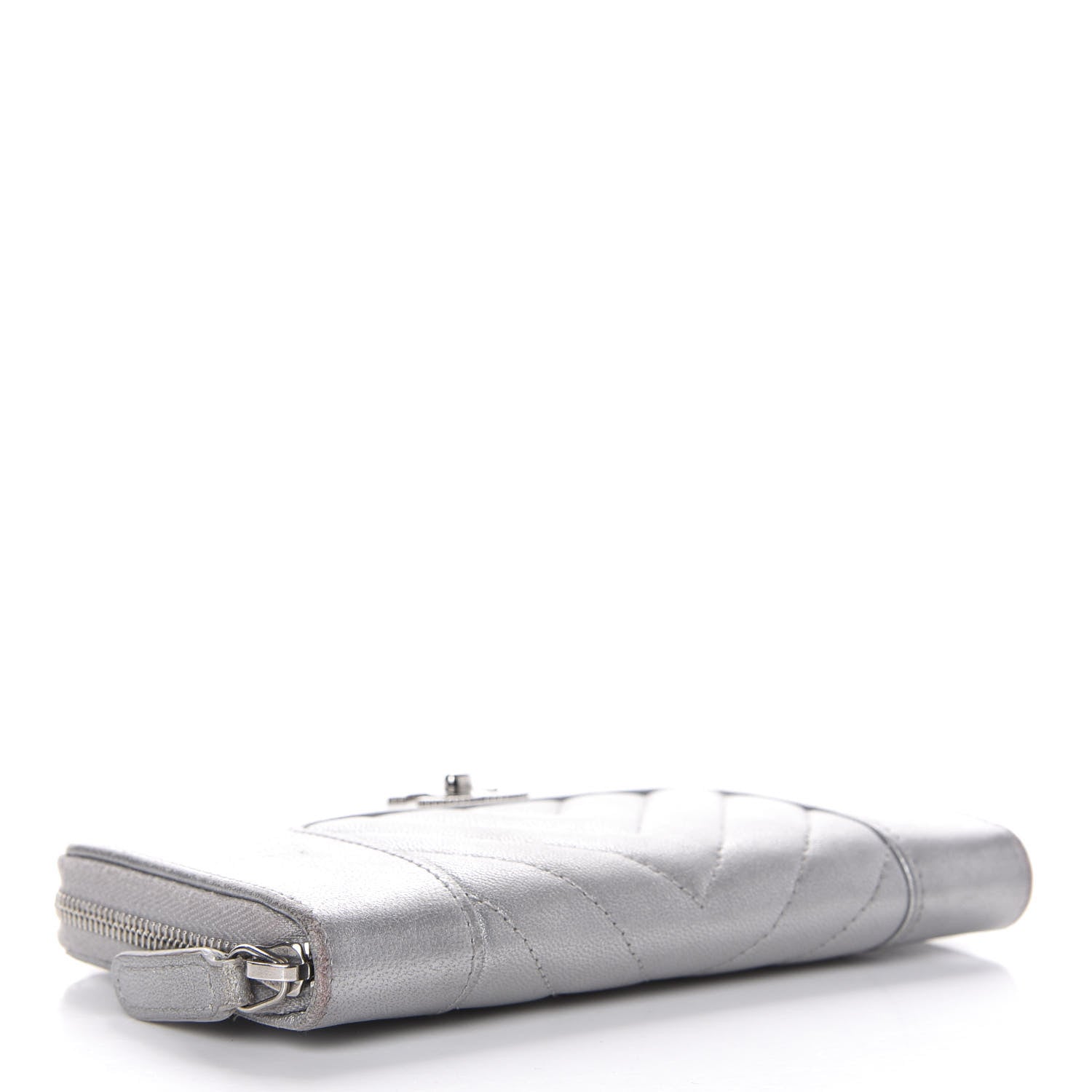 Chanel Metallic Sheepskin Chevron Quilted Medium Mademoiselle Vintage Zip Around Wallet Silver 4 of 14