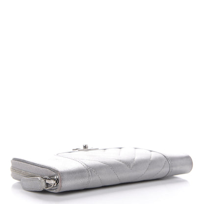 Chanel Metallic Sheepskin Chevron Quilted Medium Mademoiselle Vintage Zip Around Wallet Silver 4 of 14