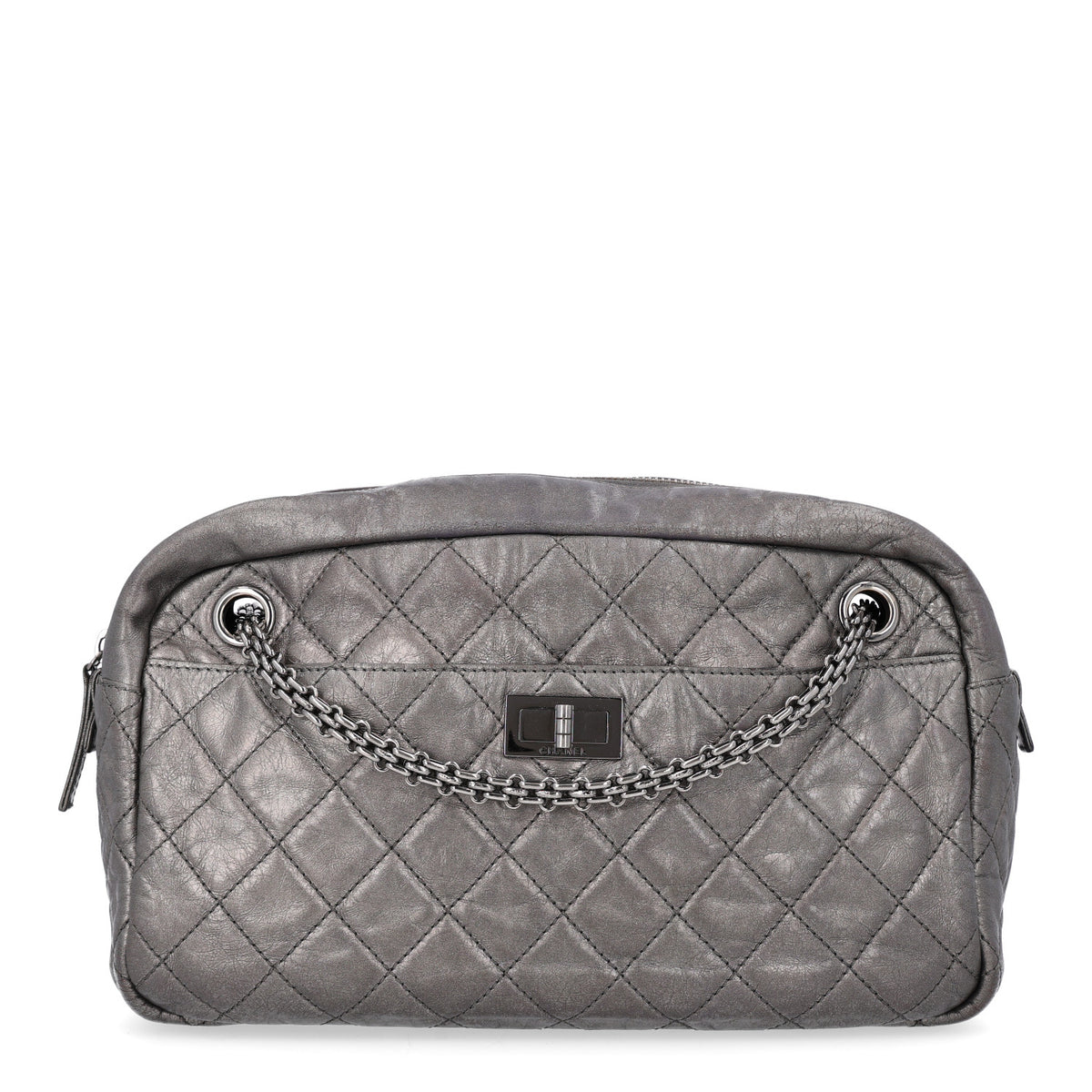 Metallic Aged Calfskin Quilted Medium Reissue Camera Case Dark Silver