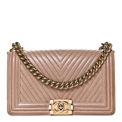 Chanel Lambskin Chevron Chain Stitched Medium Boy Flap Beige 1 of 14