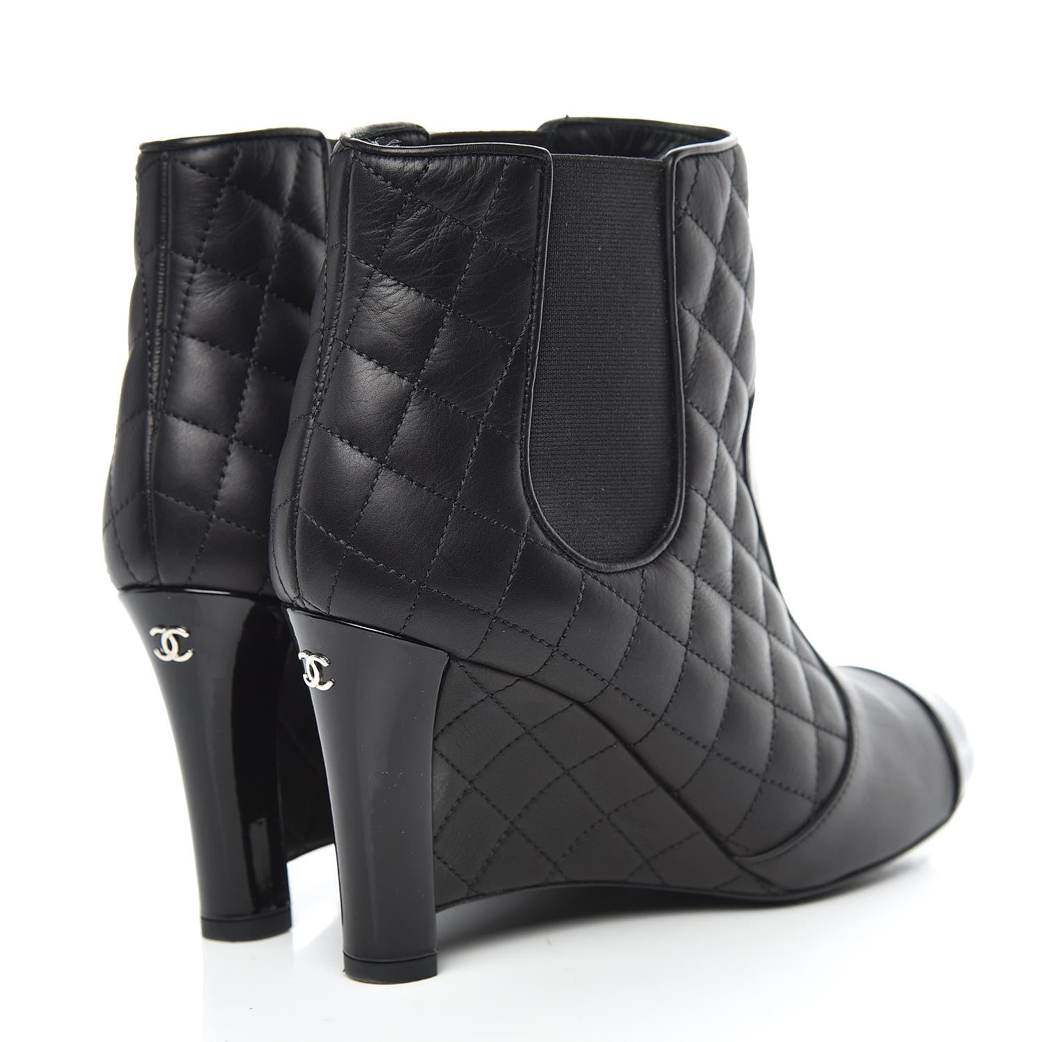 Chanel Lambskin Patent Quilted Wedge Ankle Boots 39 Black 4 of 14