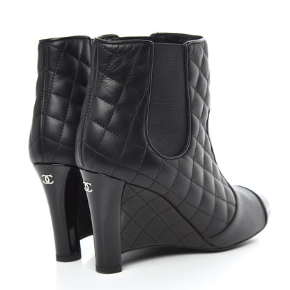 Chanel Lambskin Patent Quilted Wedge Ankle Boots 39 Black 4 of 14