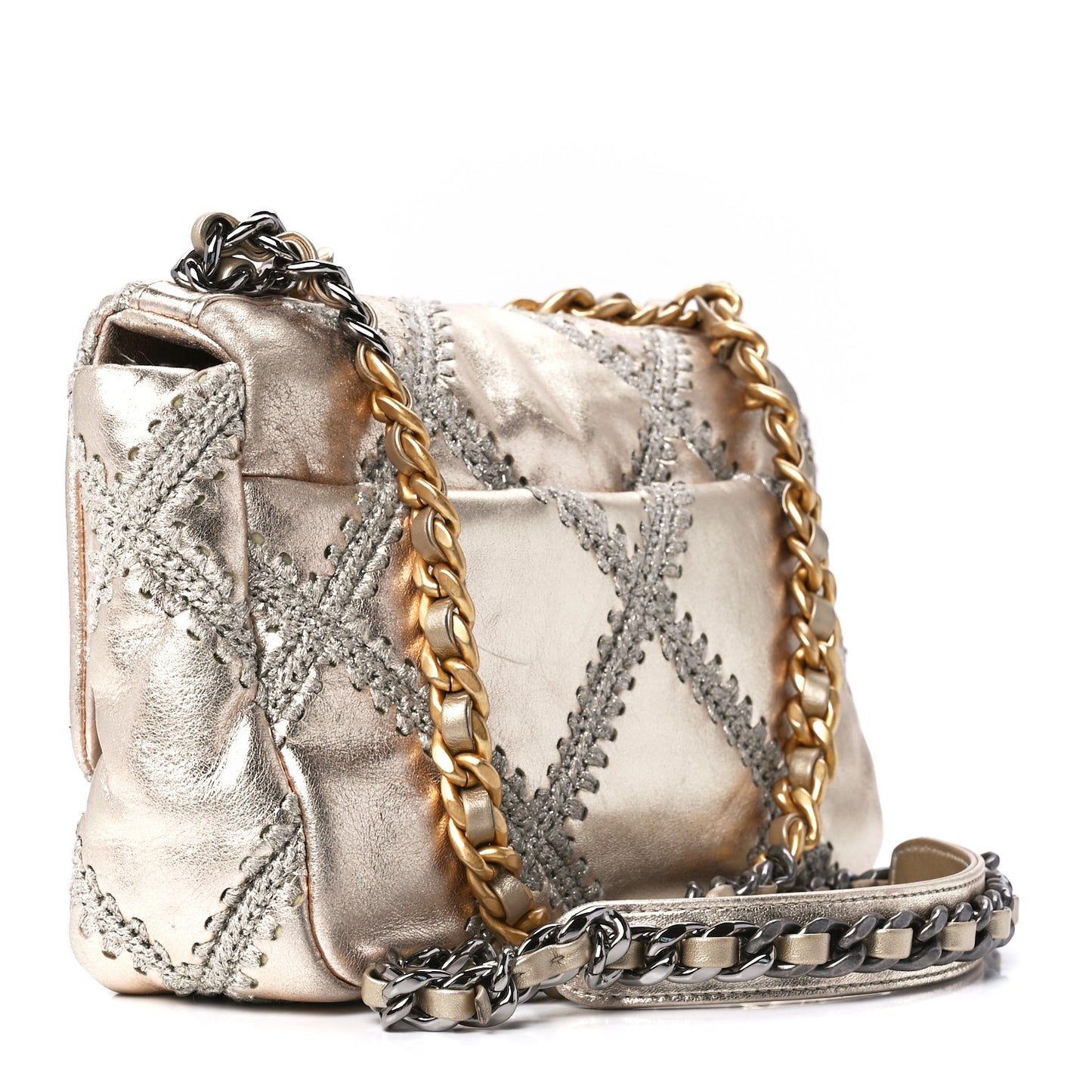 Metallic Calfskin Crochet Medium Chanel 19 Flap Gold