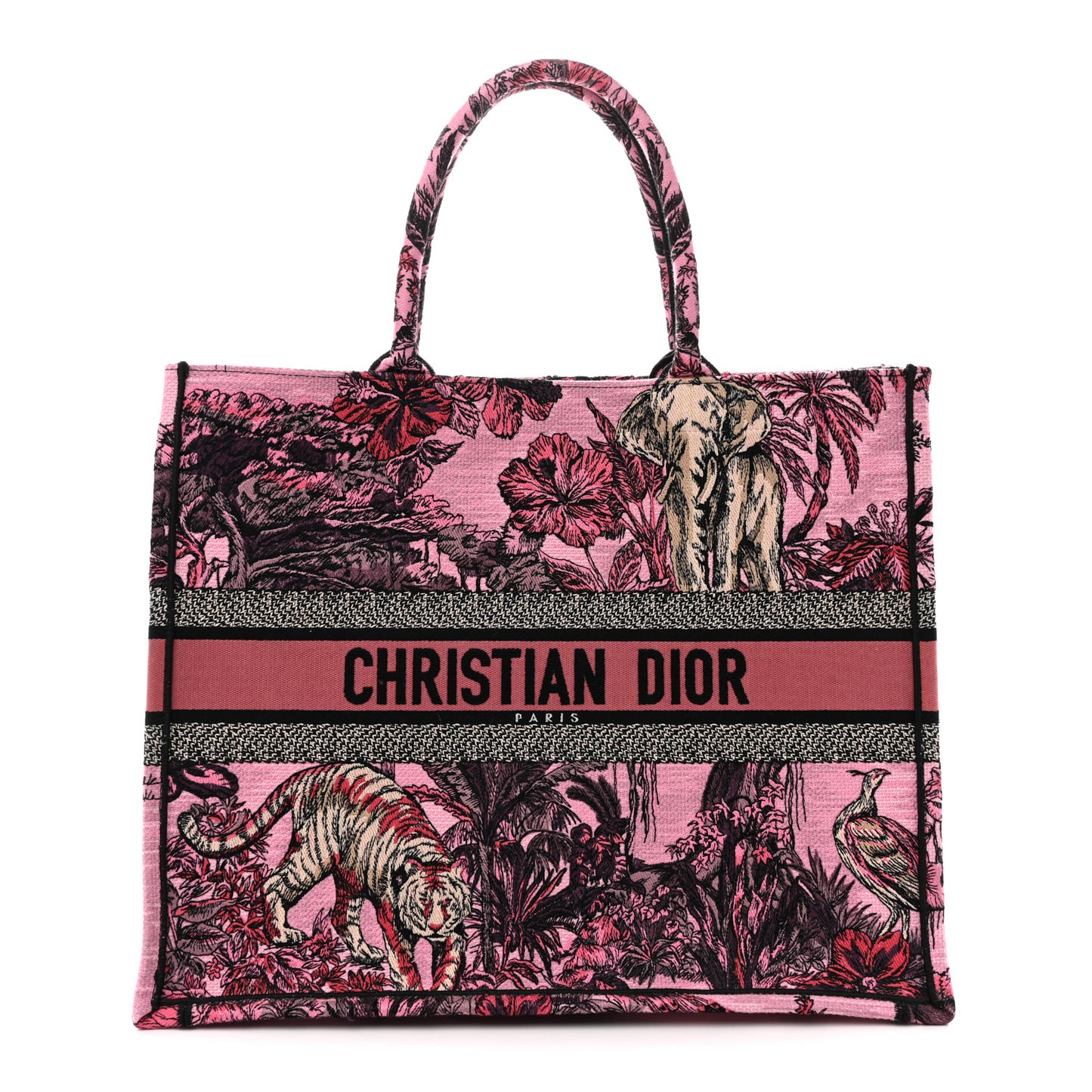 Canvas Embroidered Large Toile de Jouy Voyage Book Tote Fuchsia Multicolor