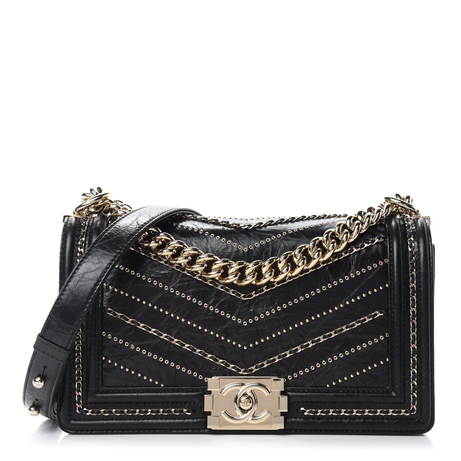 Chanel Crumpled Calfskin Chevron Chain Medium Boy Flap Black 1 of 11