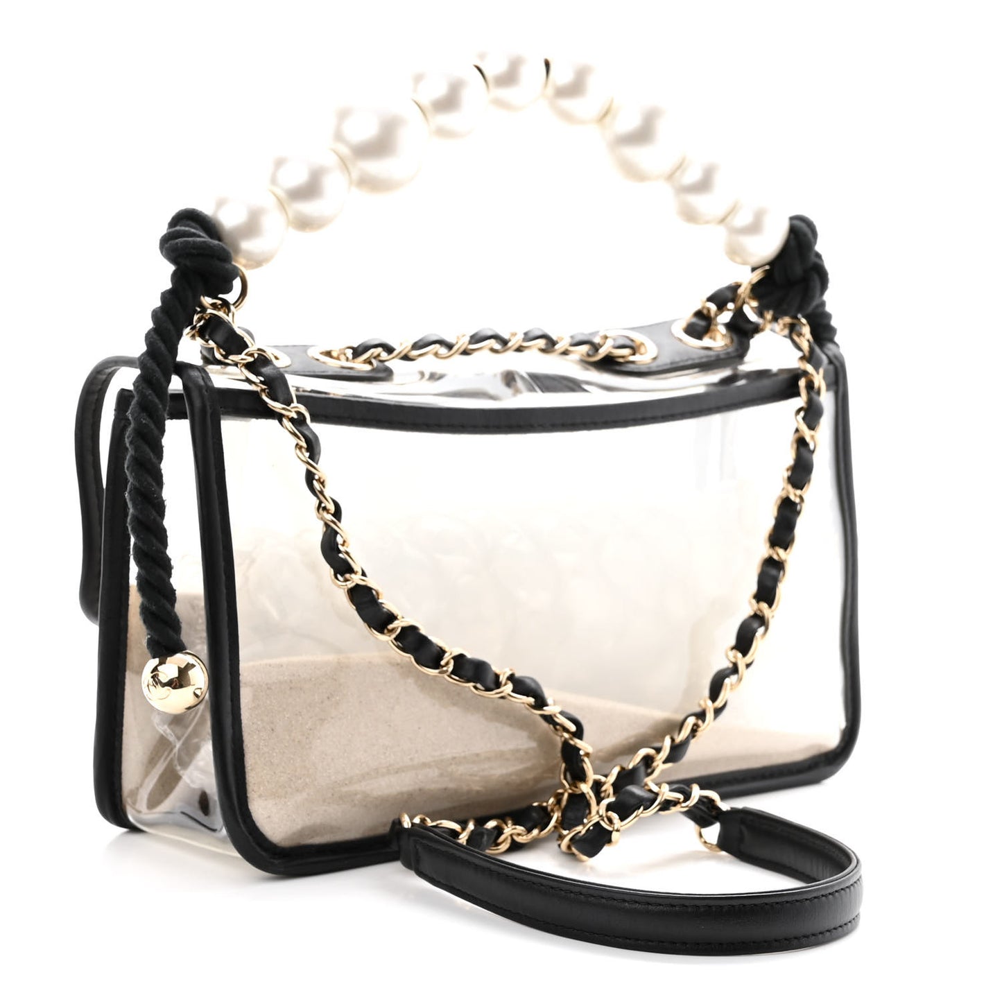 Lambskin PVC Sand By The Sea Flap With Pearl Strap Black