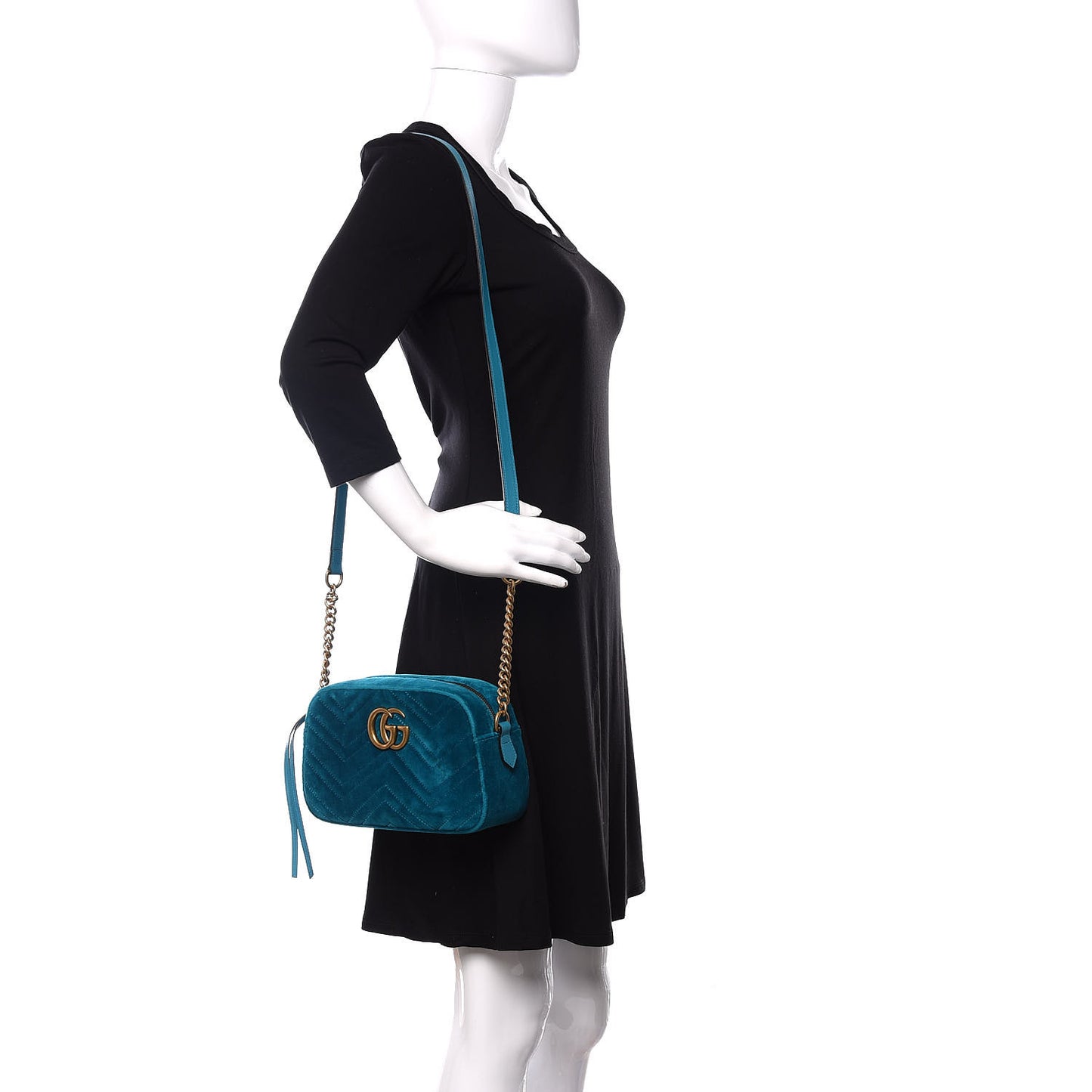 Velvet Matelasse Small GG Marmont Chain Shoulder Bag Pavone Cyan