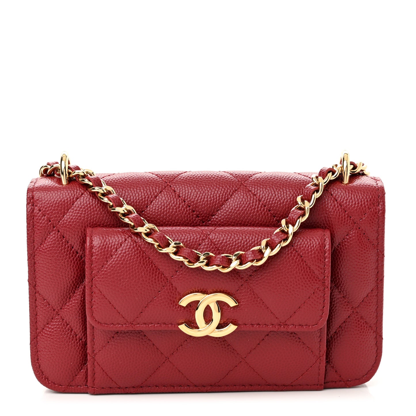 Caviar Quilted Pocket Twins Clutch With Chain Burgundy