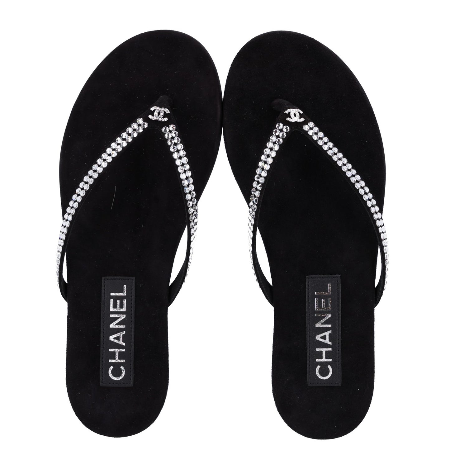 Suede Kidskin Strass CC Thong Sandals 36.5 Black