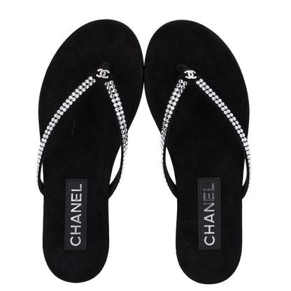 Chanel Suede Kidskin Strass CC Thong Sandals 36.5 Black 2 of 9