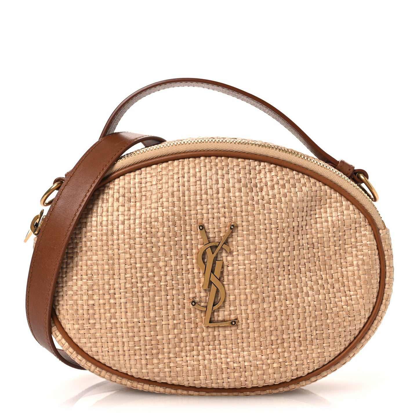 Raffia Calfskin Round Camera Bag Golden Ecru Brick