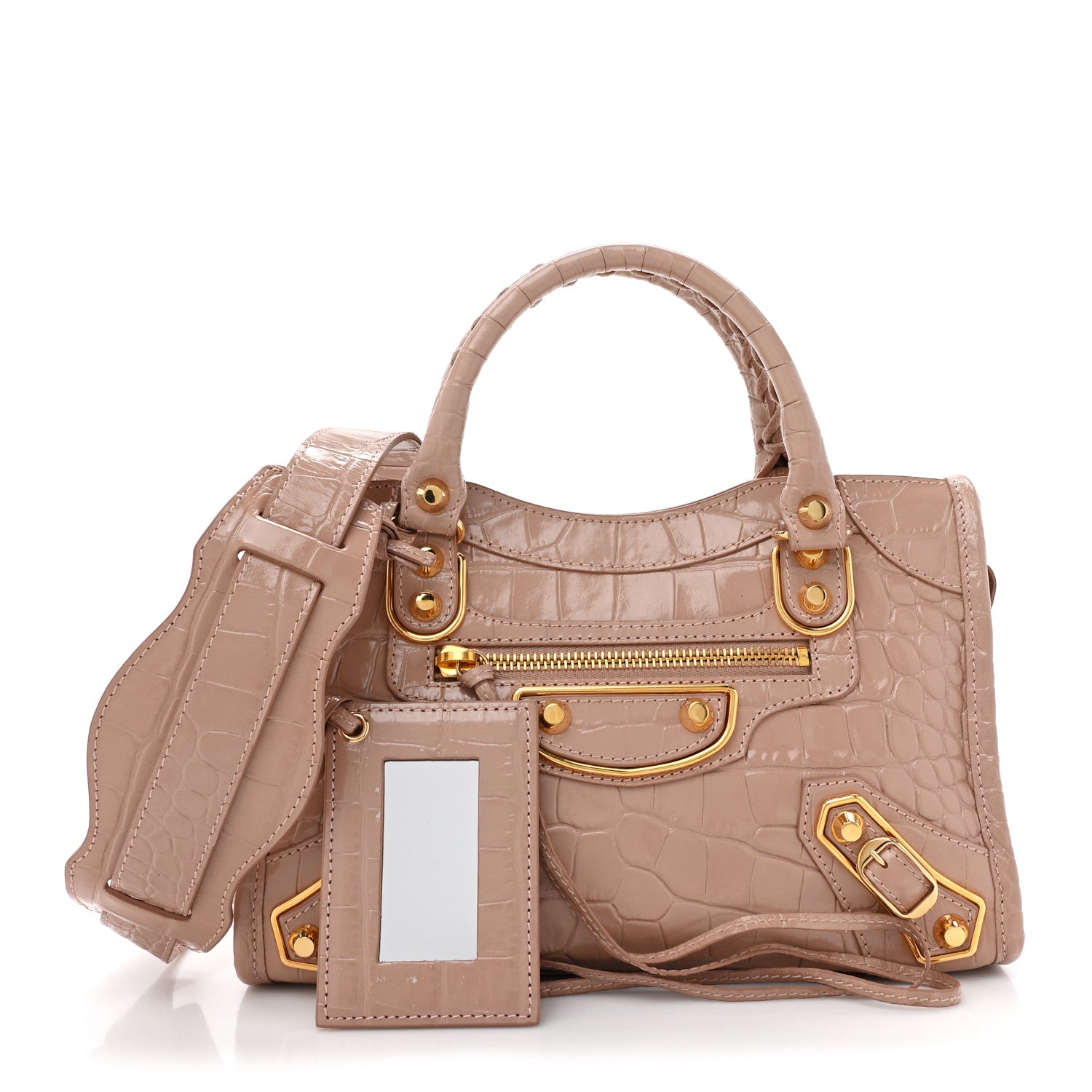 Balenciaga ベージュ ミニシティ　ゴールド Balenciaga Shiny Supple Calfskin Crocodile Embossed Gold Metallic