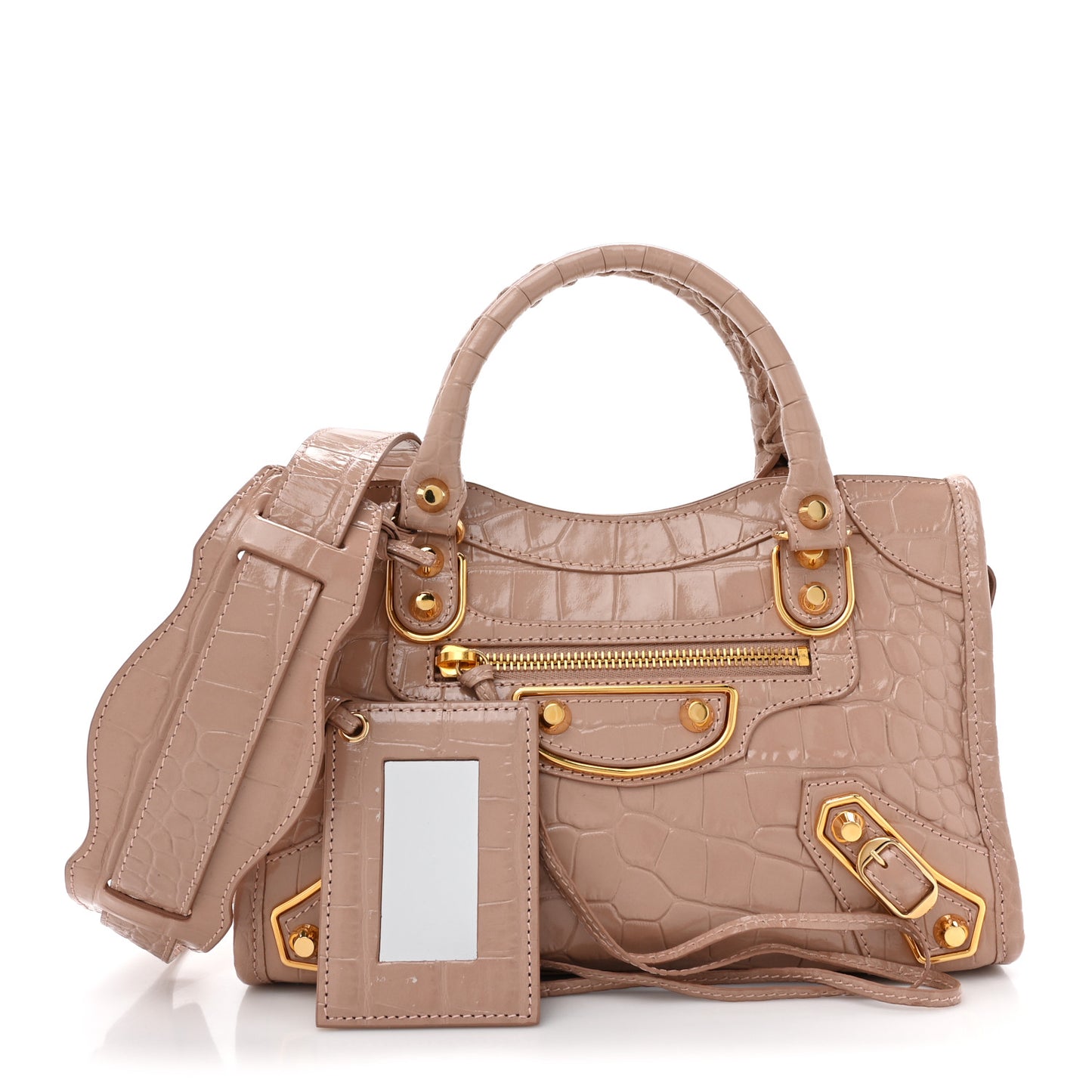 Shiny Supple Calfskin Crocodile Embossed Gold Metallic Edge Hardware Mini City Nude Beige