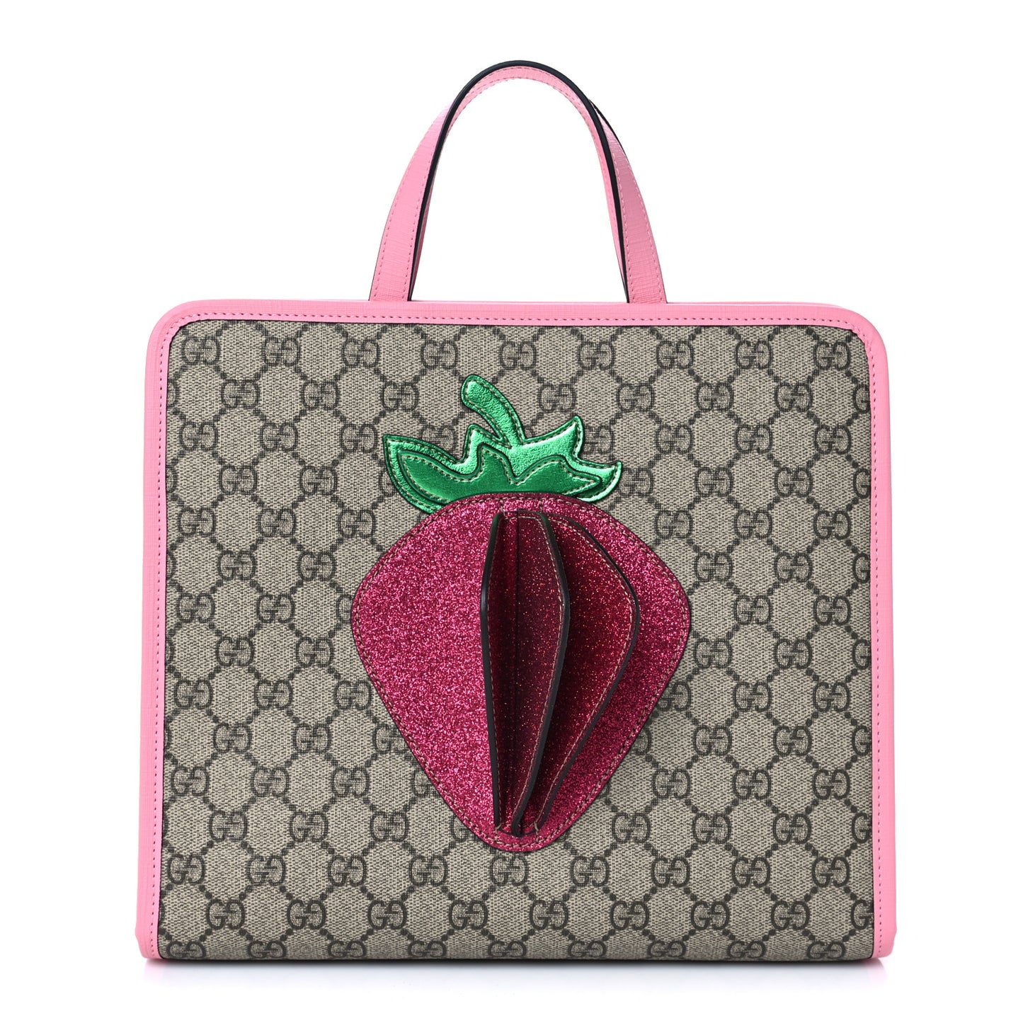 GG Supreme Monogram 3-D Strawberry Childrens Tote Beige Ebony Lotus Pink Fuxia Emerald