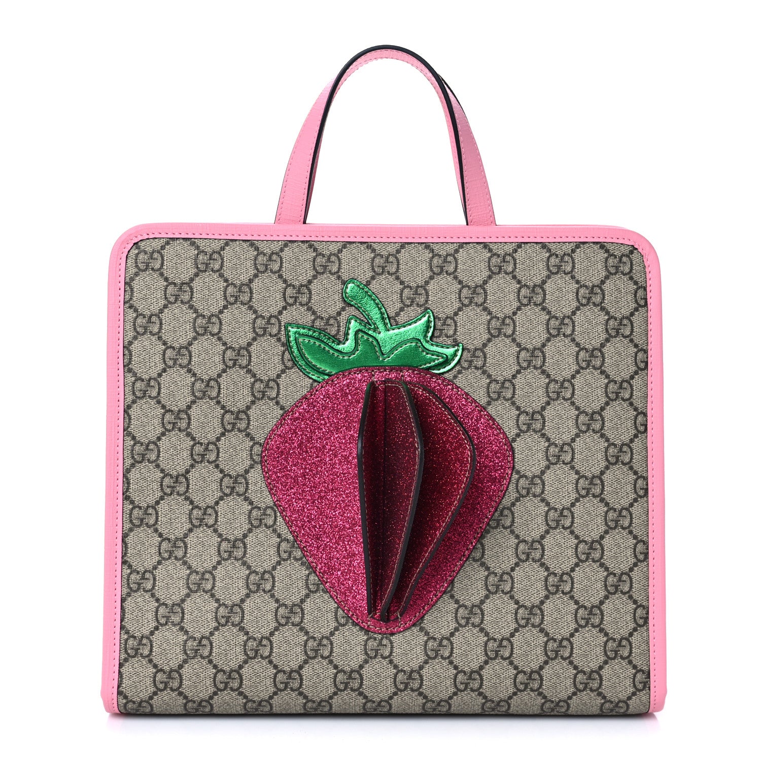 Gucci GG Supreme Monogram 3-D Strawberry Childrens Tote Beige Ebony Lotus Pink Fuxia Emerald 1 of 7