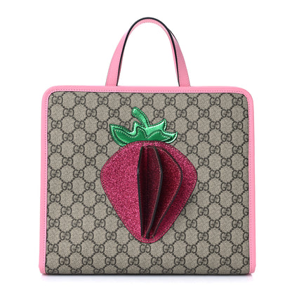 Gucci GG Supreme Monogram 3-D Strawberry Childrens Tote Beige Ebony Lotus Pink Fuxia Emerald 1 of 7