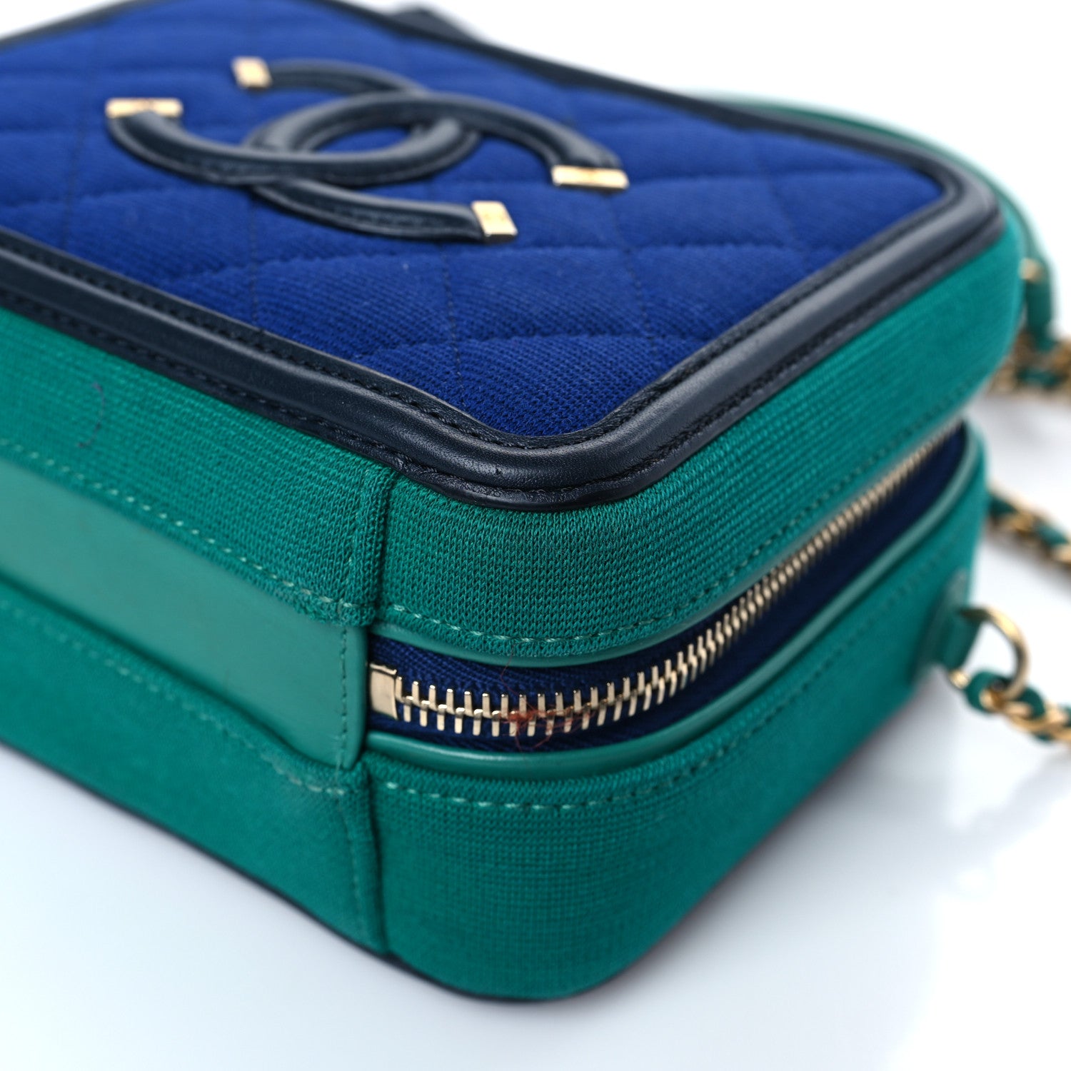 Chanel Jersey Quilted Small CC Filigree Vanity Case Blue Green 9 of 12