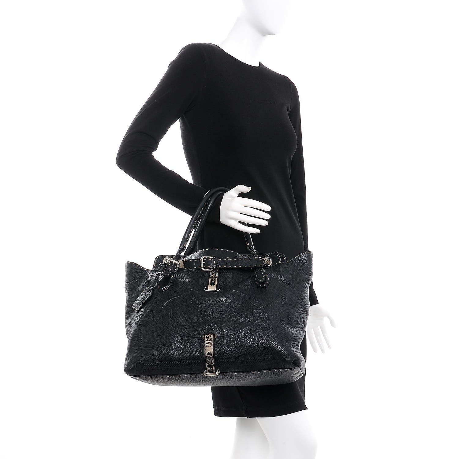 Fendi Calfskin Romano Selleria Large Villa Borghese Tote Black 2 of 20