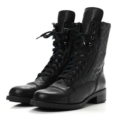 Chanel Sheepskin Quilted CC Tall Lace Up Combat Boots 39.5 Black 3 of 10