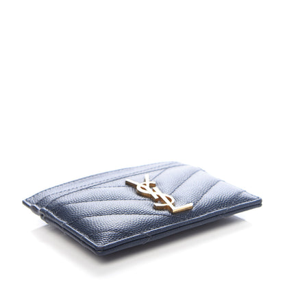 Saint Laurent Grain De Poudre Matelasse Chevron Monogram Credit Card Case Navy 4 of 8