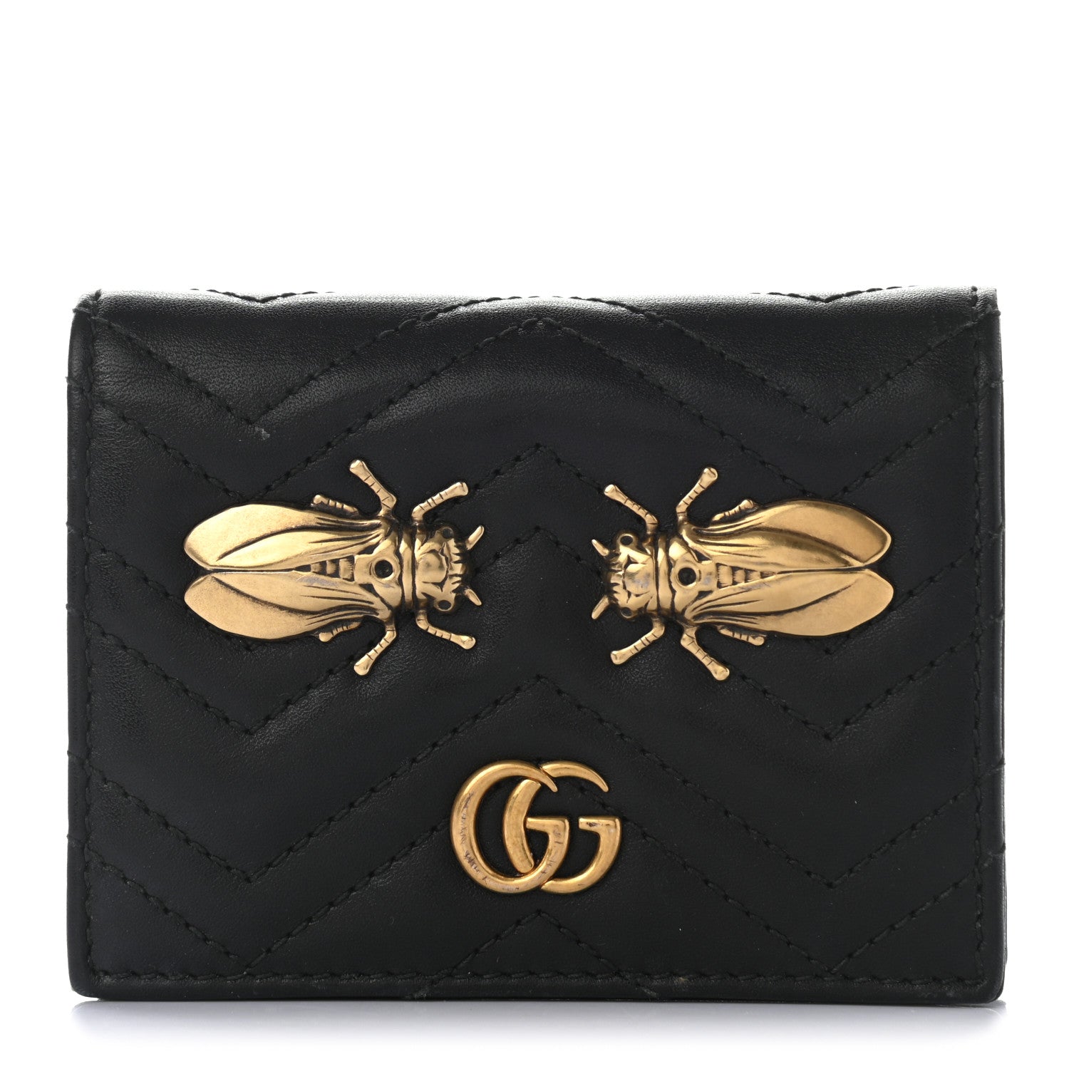 Gucci Calfskin Matelasse Cicada Stud GG Marmont Card Case Wallet Black 1 of 8