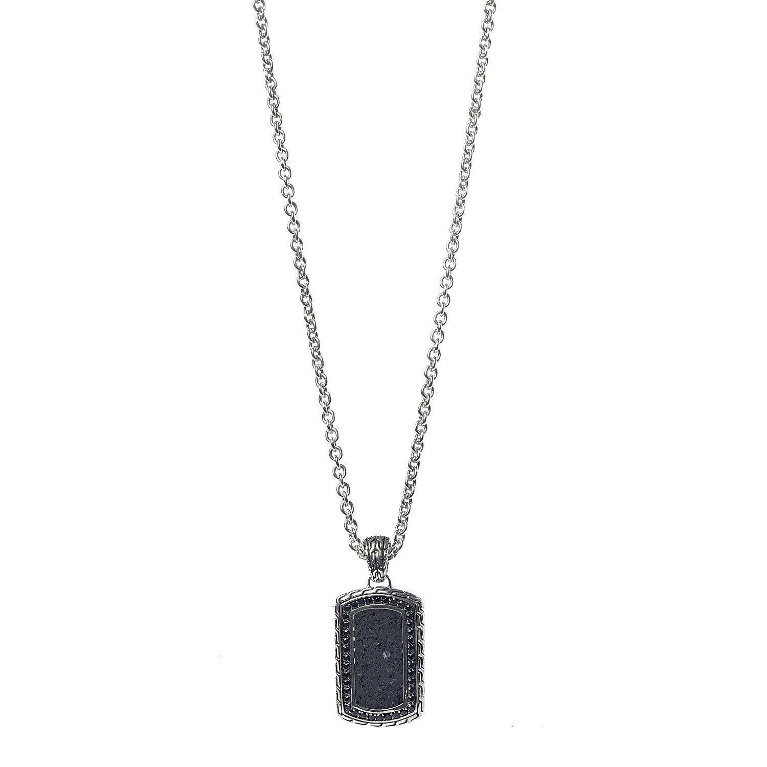 John Hardy Sterling Silver Black Sapphire Lava Rock Dog Tag Necklace 1 of 7