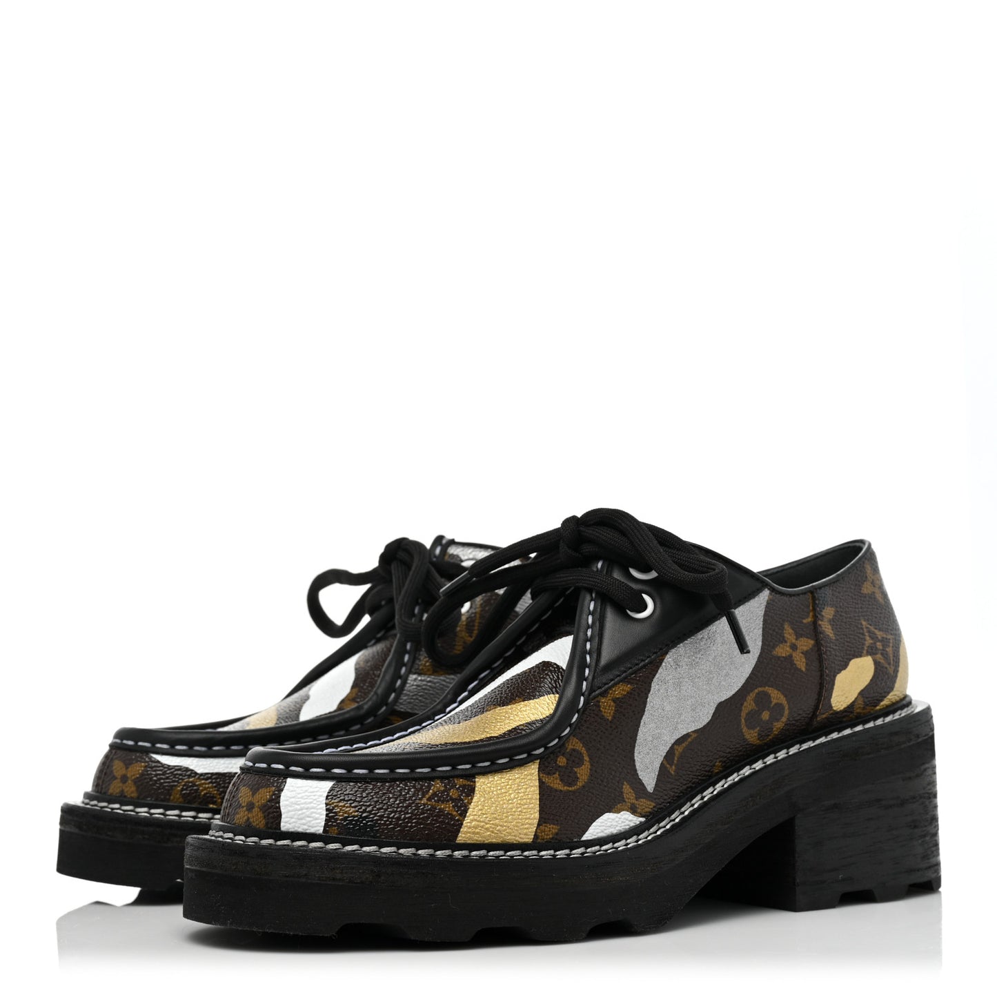 X LOL Monogram Calfskin Beaubourg Platform Derby Shoes 40 Gold Silver
