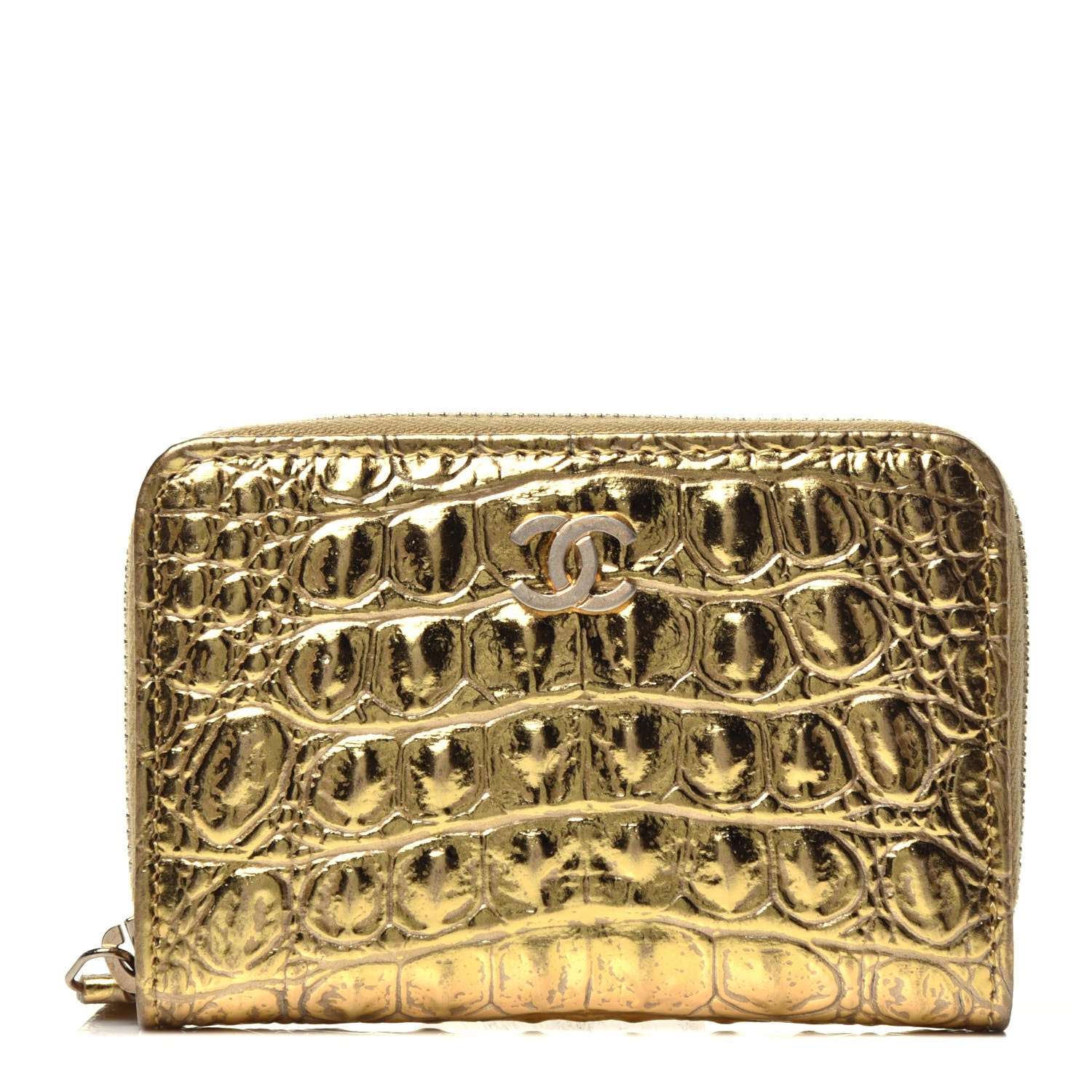 Chanel Metallic Calfskin Crocodile Embossed Cocodile Zip Coin Case Gold 1 of 7