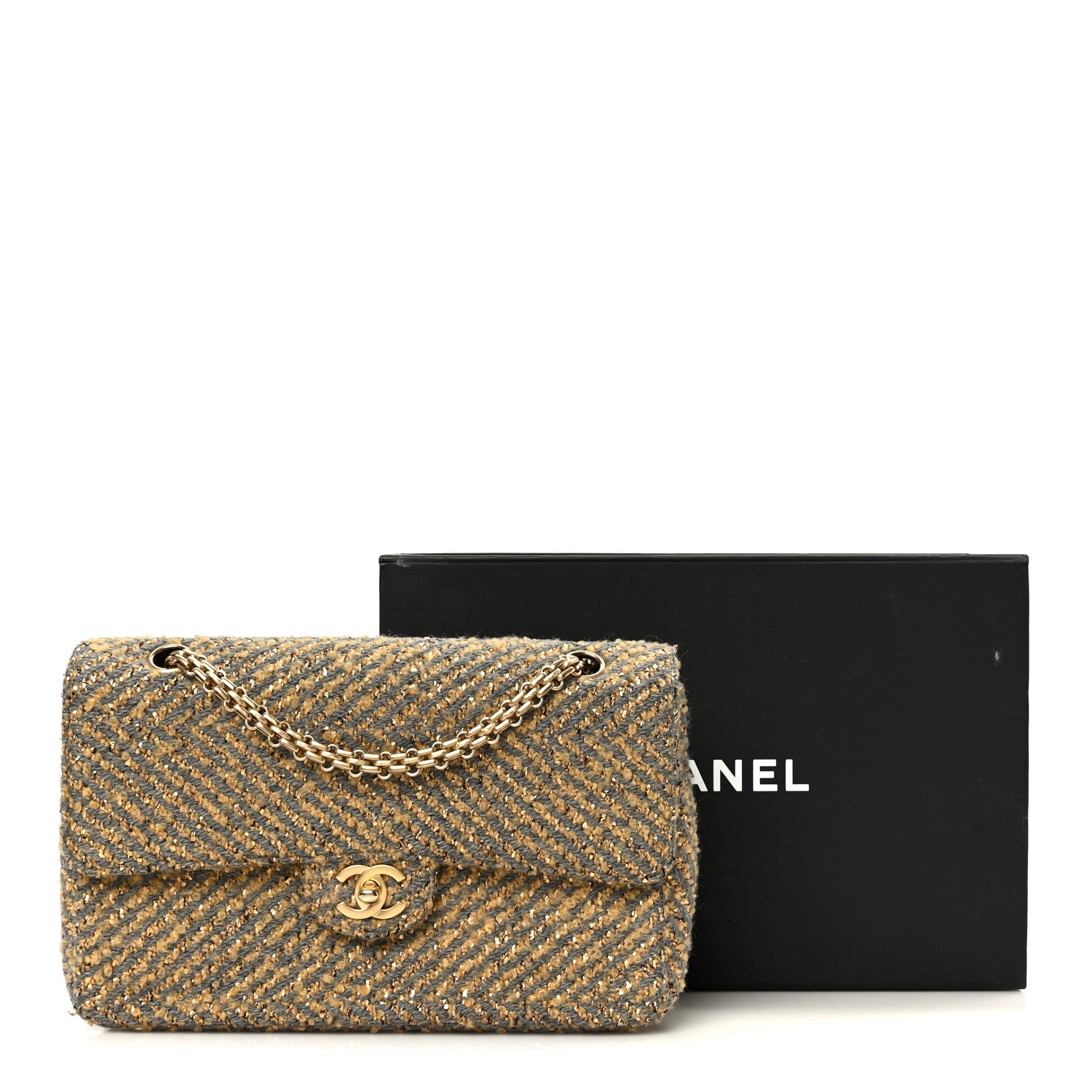 Chanel Metallic Tweed Quilted Medium Single Flap Beige Grey Gold 12 of 12