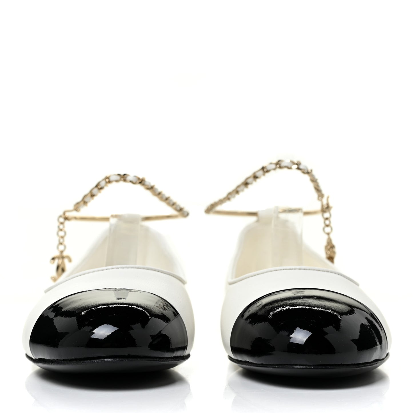 Lambskin Patent Calfskin Cap Toe Ankle Chain Ballerina Flats 37.5 White Black