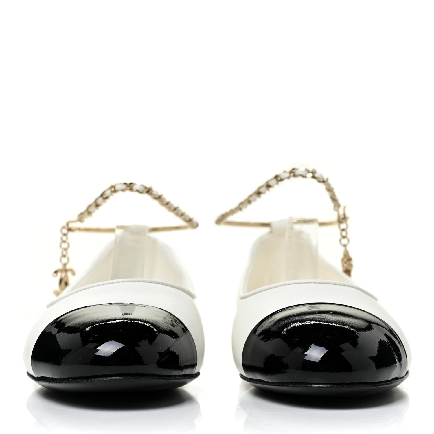Chanel Lambskin Patent Calfskin Cap Toe Ankle Chain Ballerina Flats 37.5 White Black 2 of 8