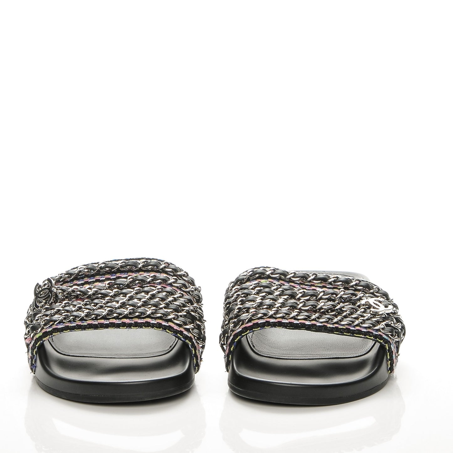 Tweed Lambskin Chain Flat Sandals 39 Black Multicolor