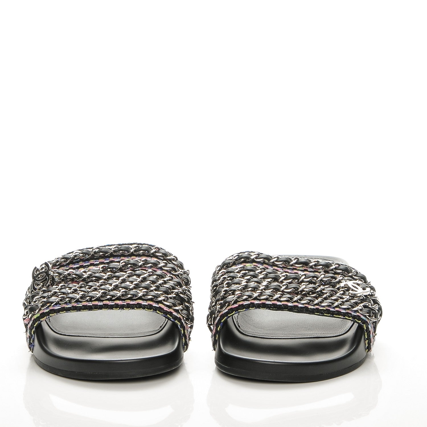 Chanel Tweed Lambskin Chain Flat Sandals 39 Black Multicolor 2 of 9