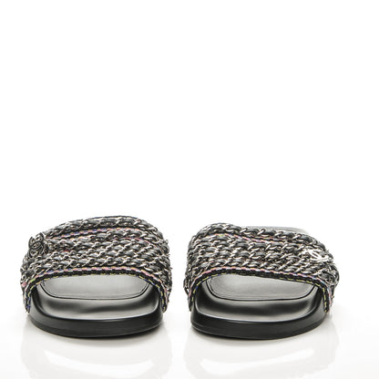Chanel Tweed Lambskin Chain Flat Sandals 39 Black Multicolor 2 of 9