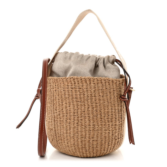 X MIFUKO Raffia Calfskin Small Woody Basket Shoulder Bag Black Beige
