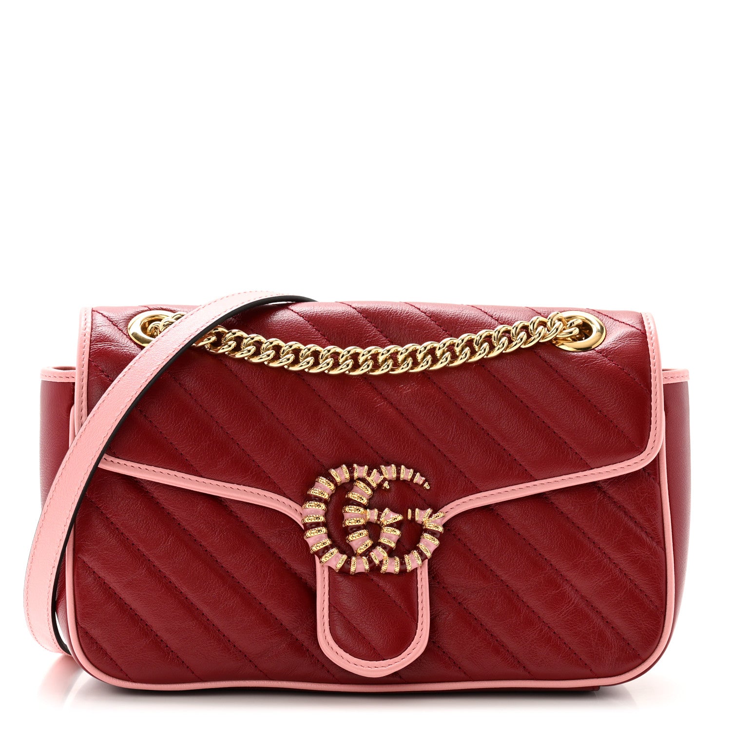 Gucci Azalea Calfskin Enamel Matelasse Diagonal Small Torchon GG Marmont Shoulder Bag New Cherry Red Wild Rose 1 of 10