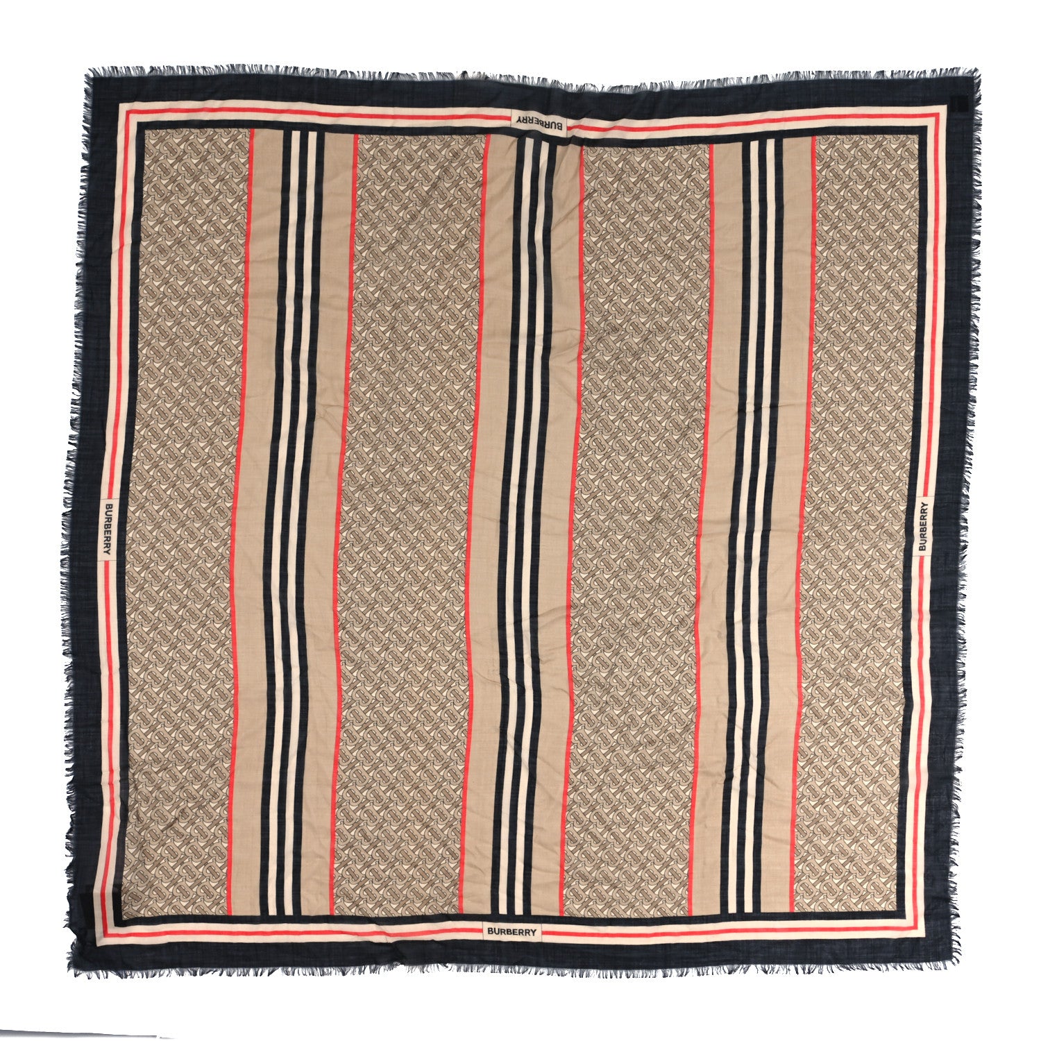 Burberry Wool Silk Icon Stripe Monogram Large TB Print Scarf Archive Beige 1 of 3