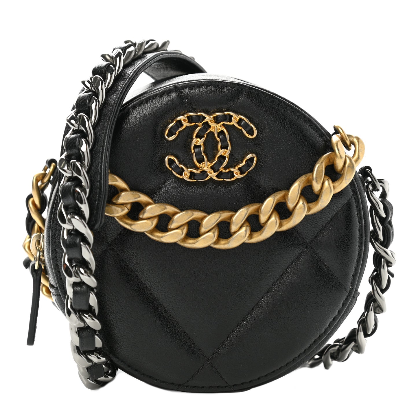 Shiny Goatskin Quilted Chanel 19 Round Clutch With Chain Black