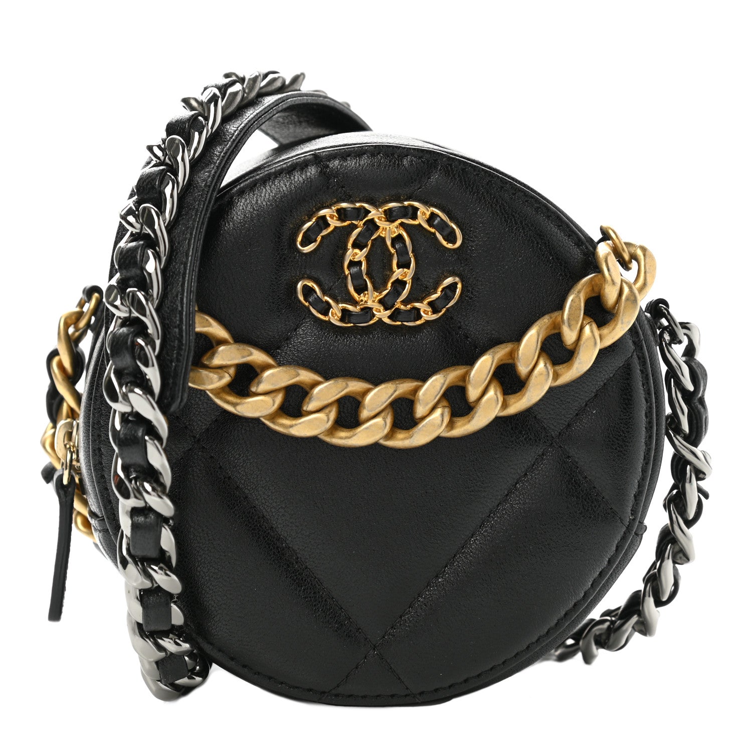 Chanel Shiny Goatskin Quilted Chanel 19 Round Clutch With Chain Black 1 of 10