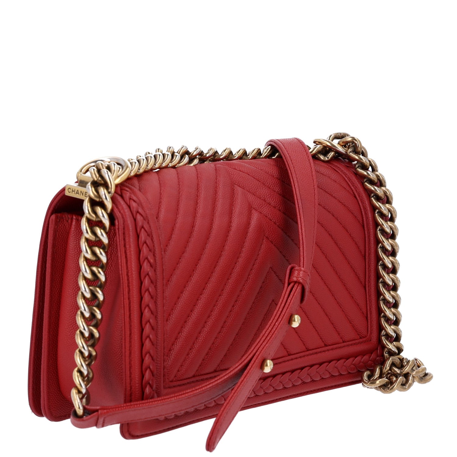 Chanel Caviar Chevron Quilted Braided Medium Boy Flap Red 3 of 10