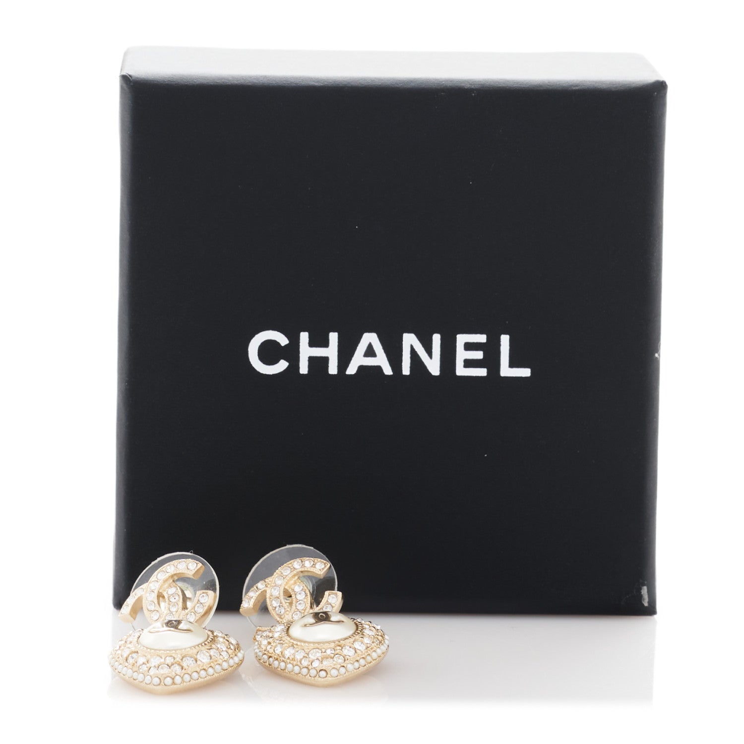 Chanel Pearl Crystal CC Heart Drop Earrings Gold White 5 of 5