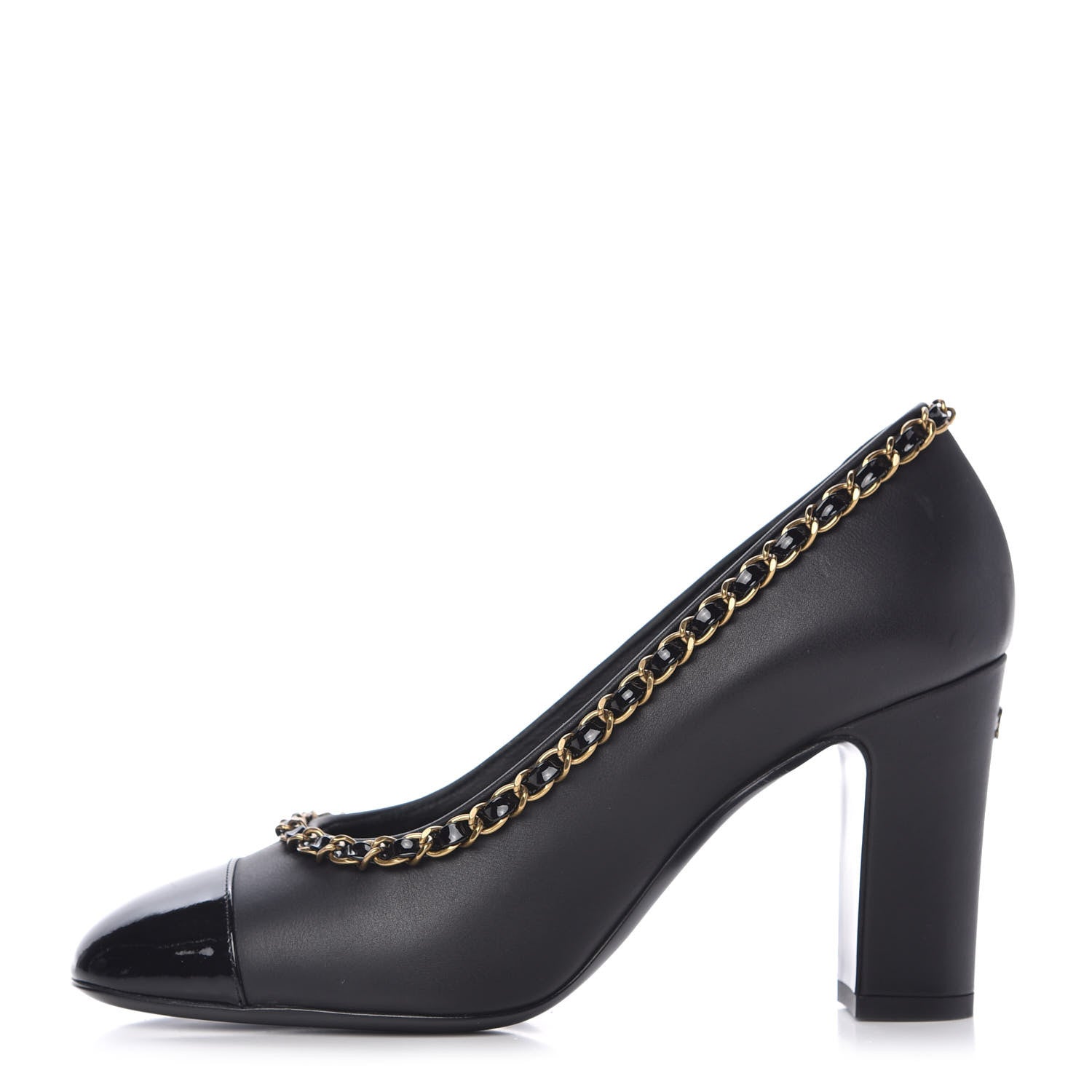 Chanel Calfskin Patent Calfskin Chain Cap Toe Pumps 36.5 Black 1 of 9