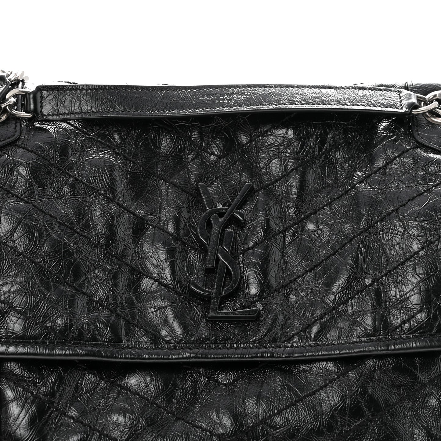 Crinkled Calfskin Matelasse Monogram Medium Niki Chain Satchel Black