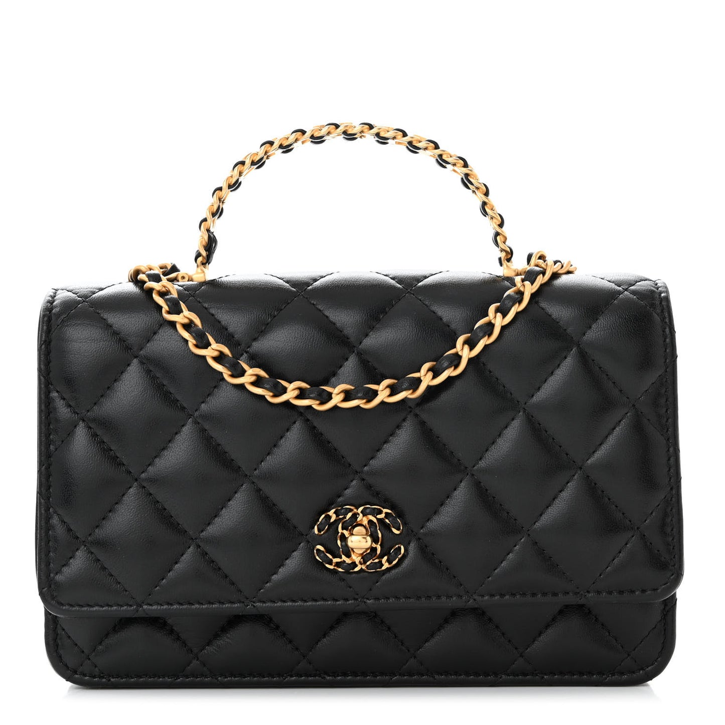 Shiny Calfskin Quilted Metal Top Handle Wallet On Chain WOC Black