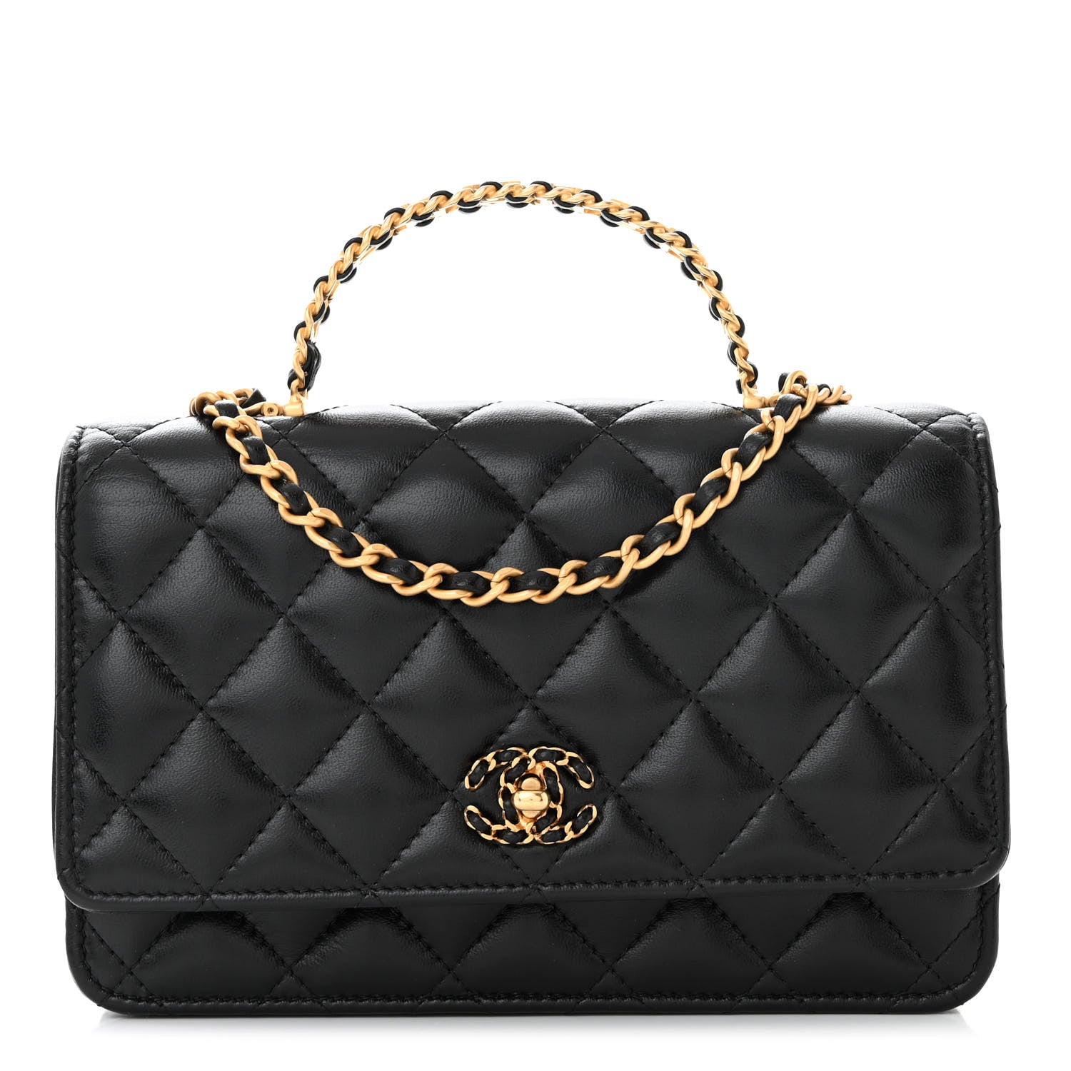 Chanel Shiny Calfskin Quilted Metal Top Handle Wallet On Chain WOC Black 1 of 12