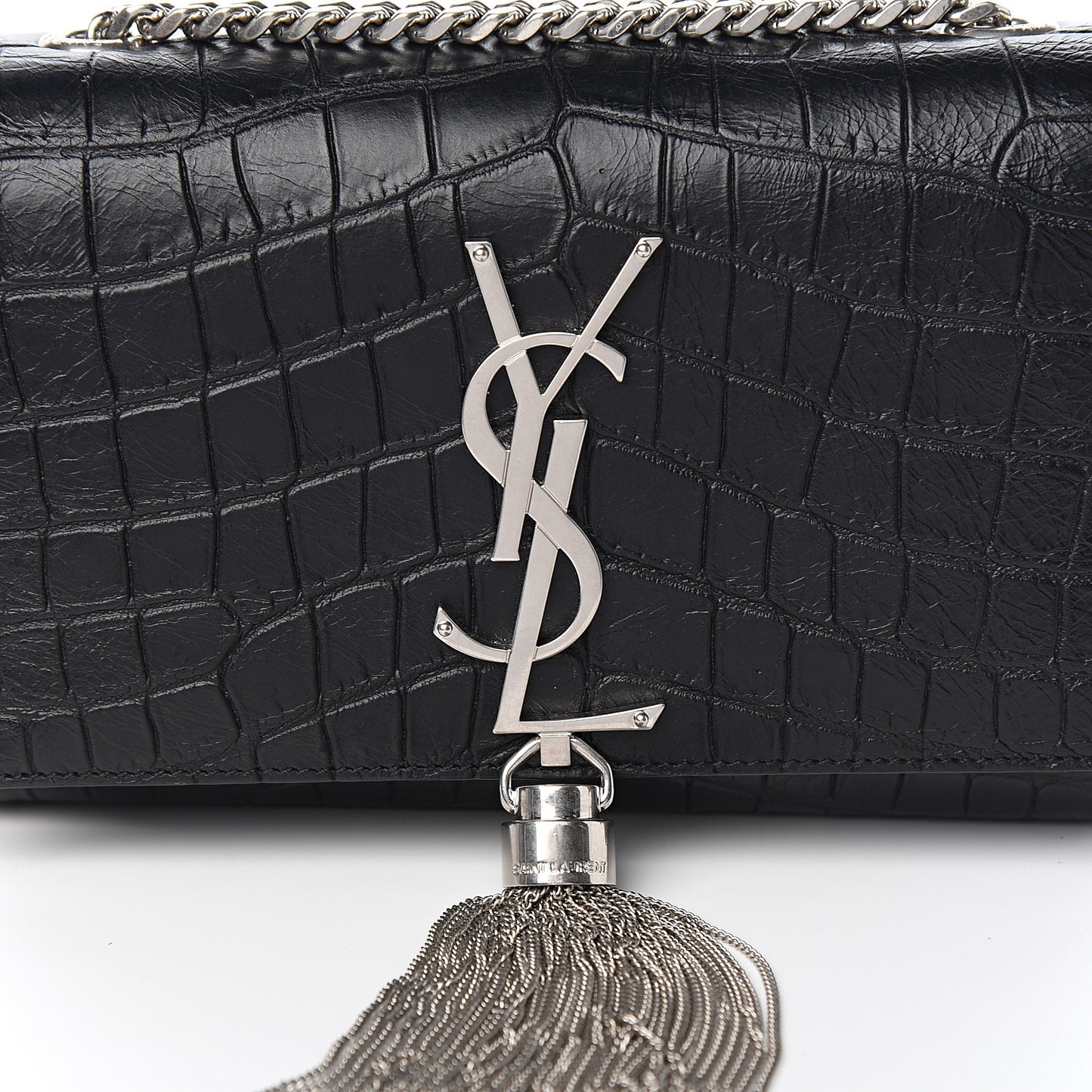 Calfskin Crocodile Embossed Small Classic Monogram Kate Tassel Satchel Black