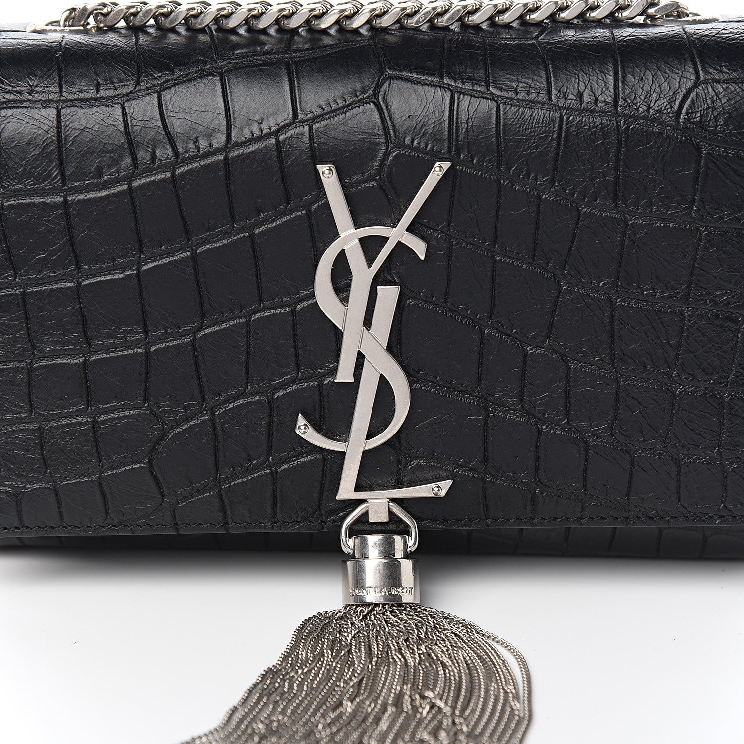 Saint Laurent Calfskin Crocodile Embossed Small Classic Monogram Kate Tassel Satchel Black 8 of 8